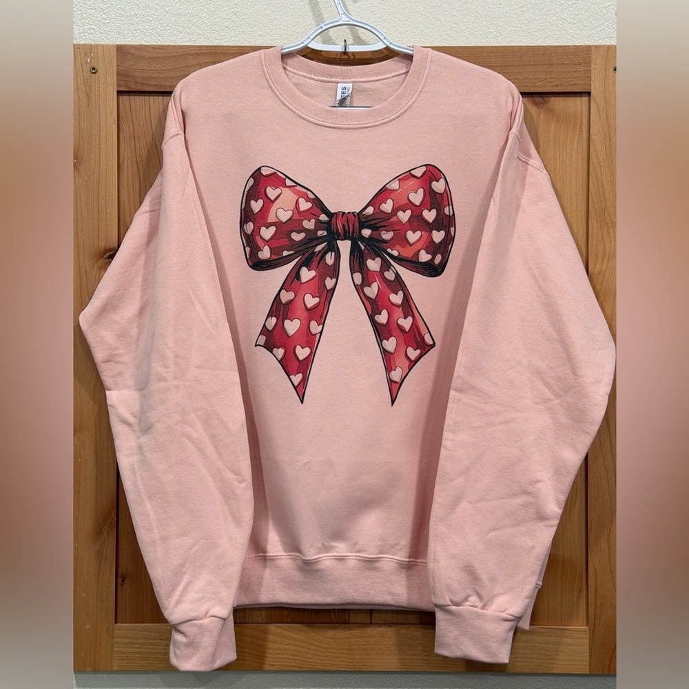 Valentine’s Pink Sweatshirt with Heart Bow Design, Coquette, Size Medium